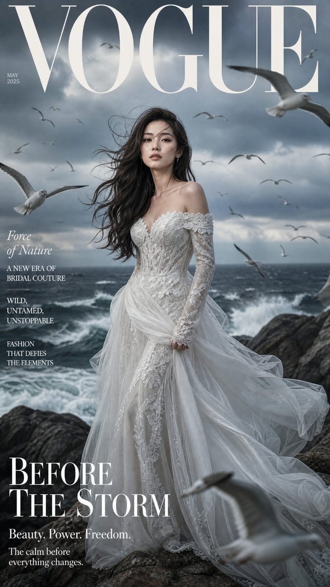 A breathtaking high-fashion magazine cover featuring a yo...
