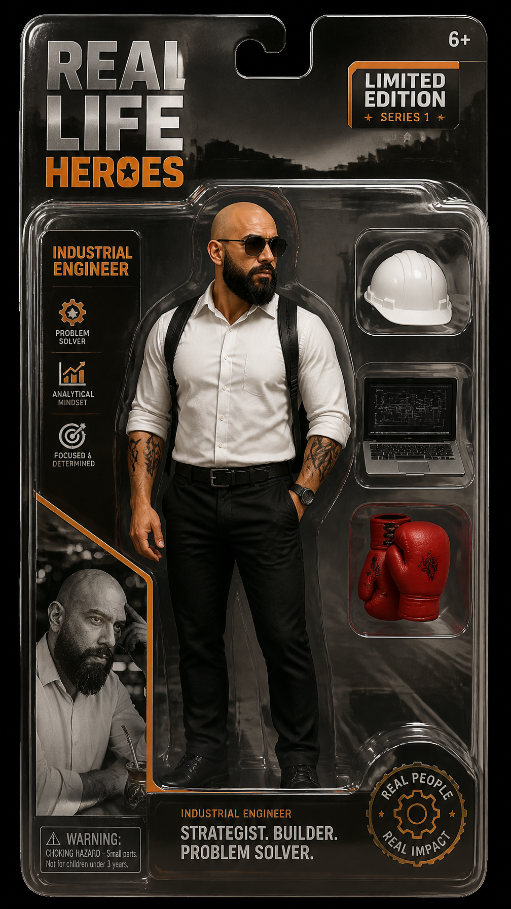 Create a hyperrealistic 3D action figure of the person in...