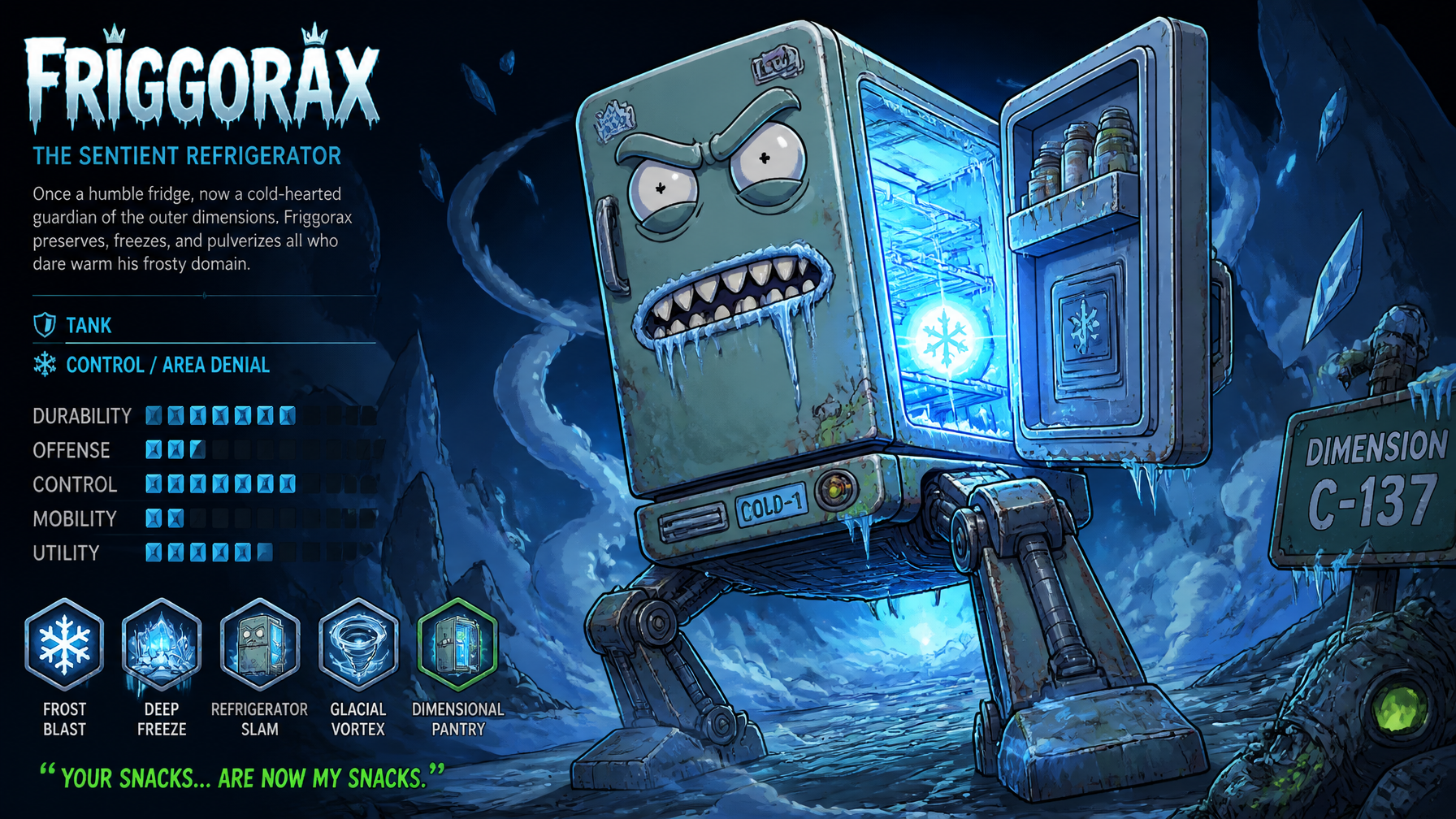 MOBA hero splash art in the style of Rick and Morty adult...