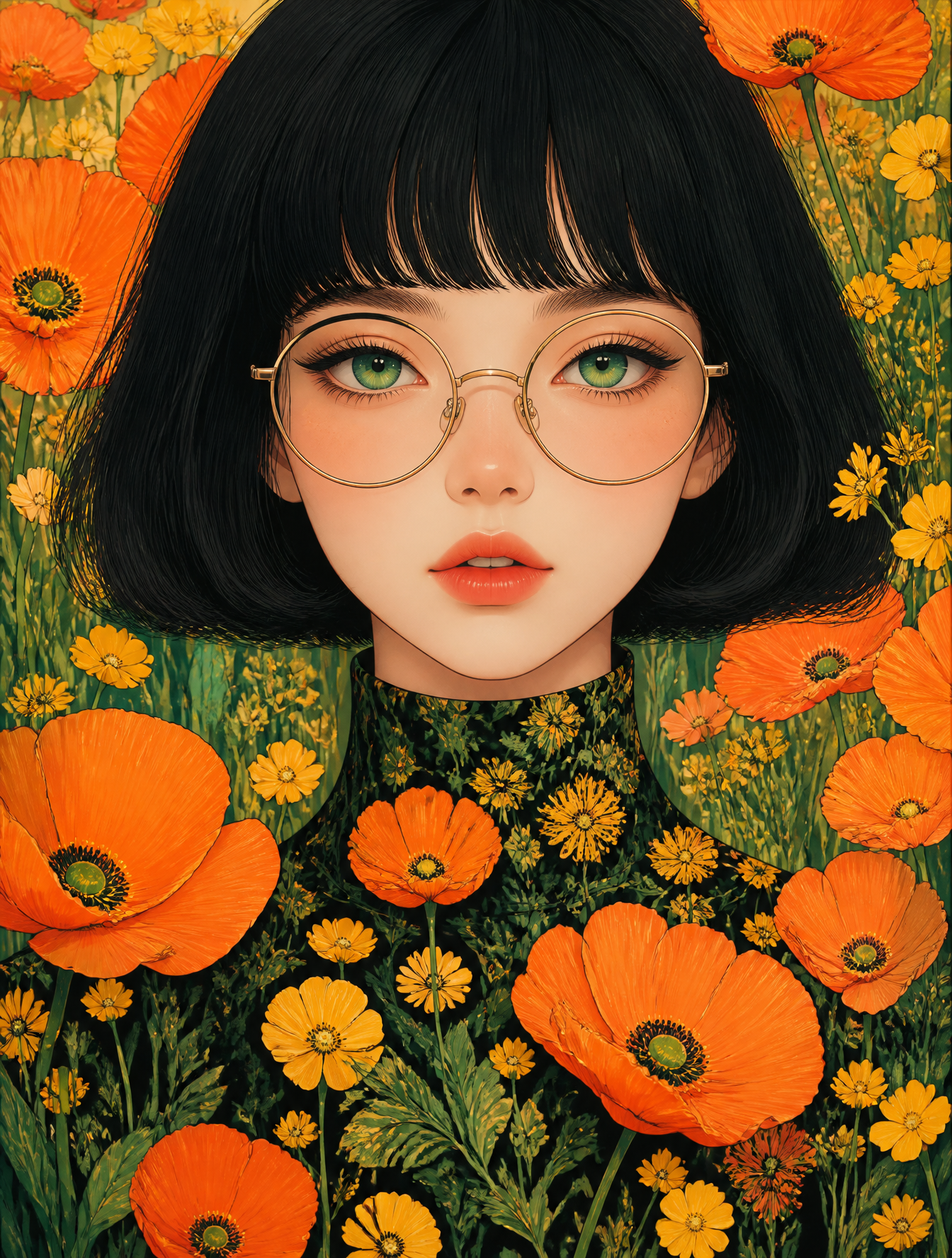 A stylized portrait of a young woman with a sleek, blunt-...
