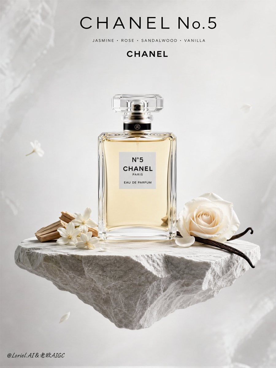 Create an ultra-premium fragrance poster for Chanel No.5,...