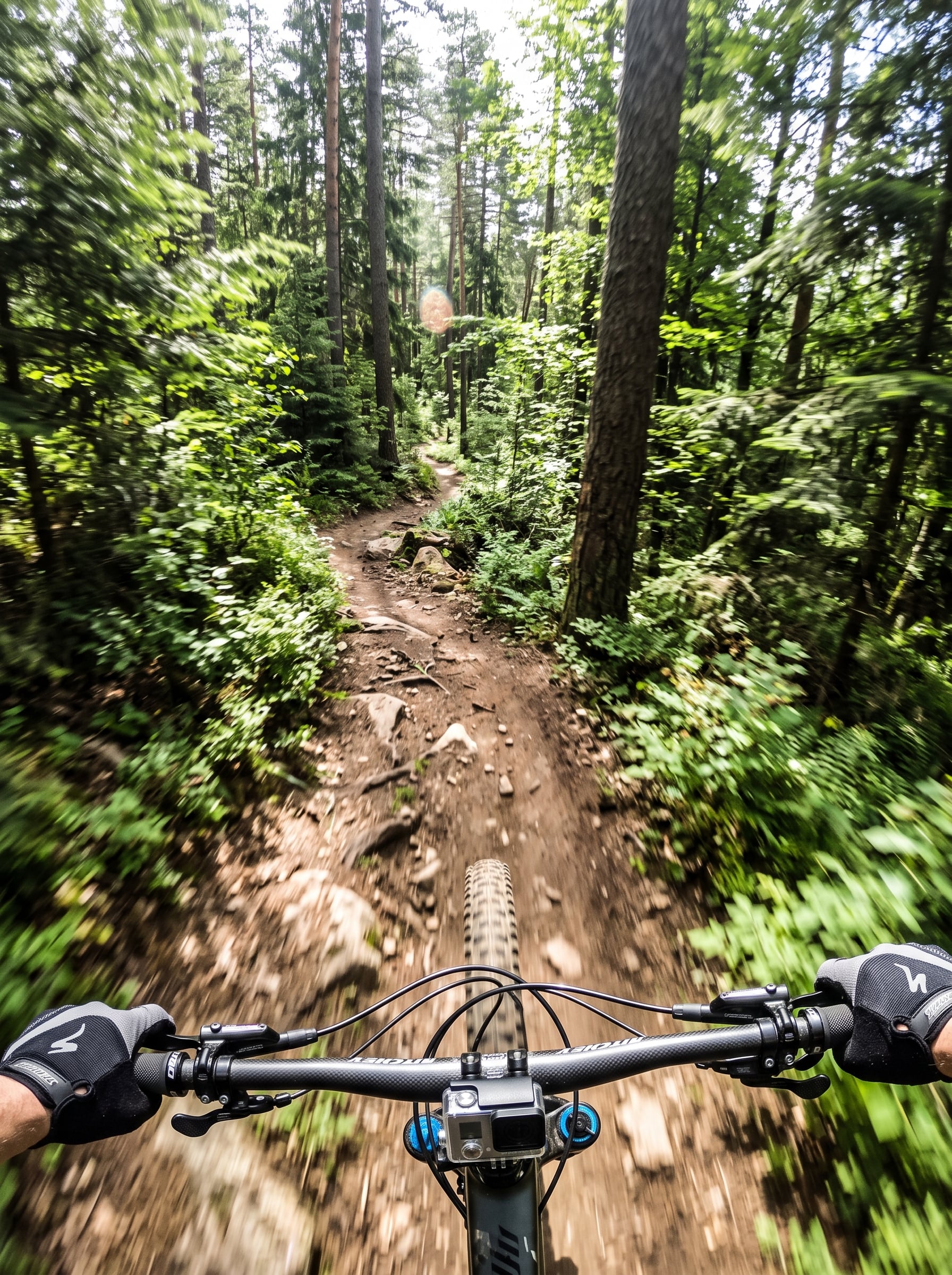 First-person mountain biking shot on a narrow dirt trail ...