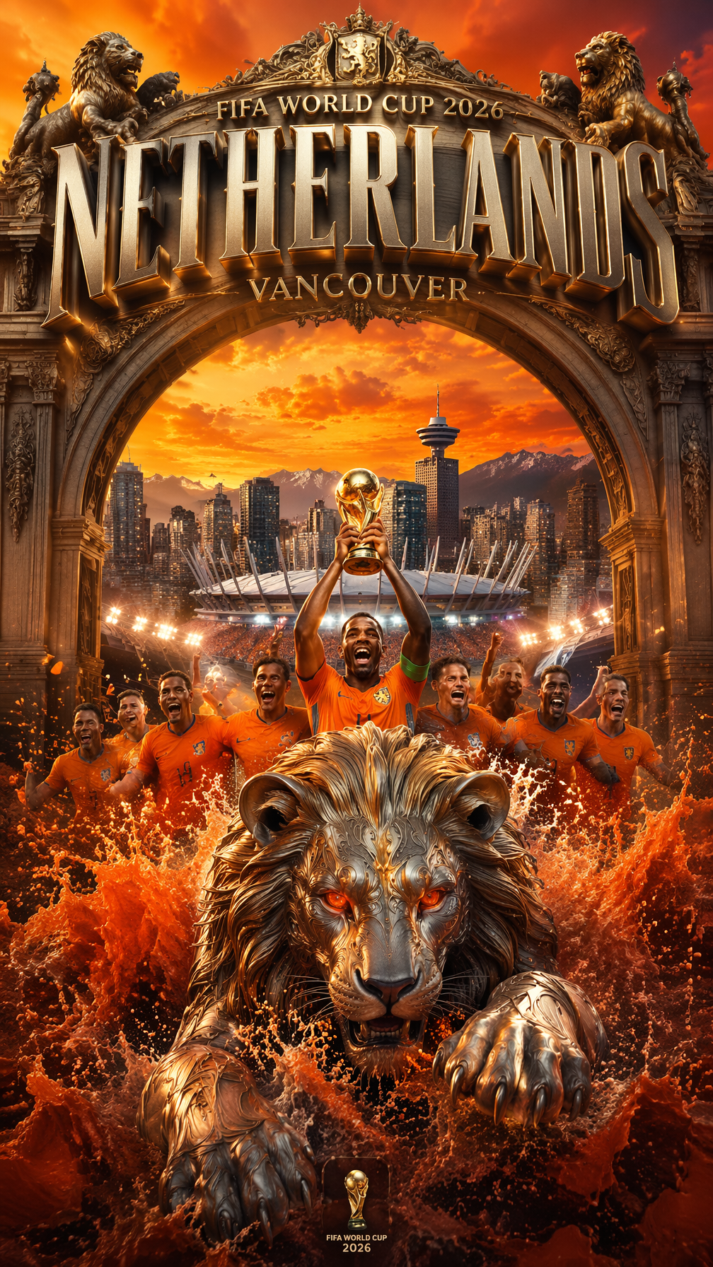 An epic cinematic poster for the 2026 World Cup. Foregrou...