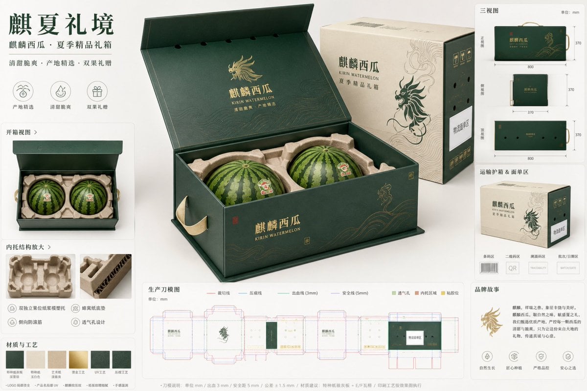任务:为“麒麟西瓜”设计一张高端水果电商包装提案板,主题为“麒夏礼境”,面向城市中高端家庭送礼、企业团购、生鲜电商...