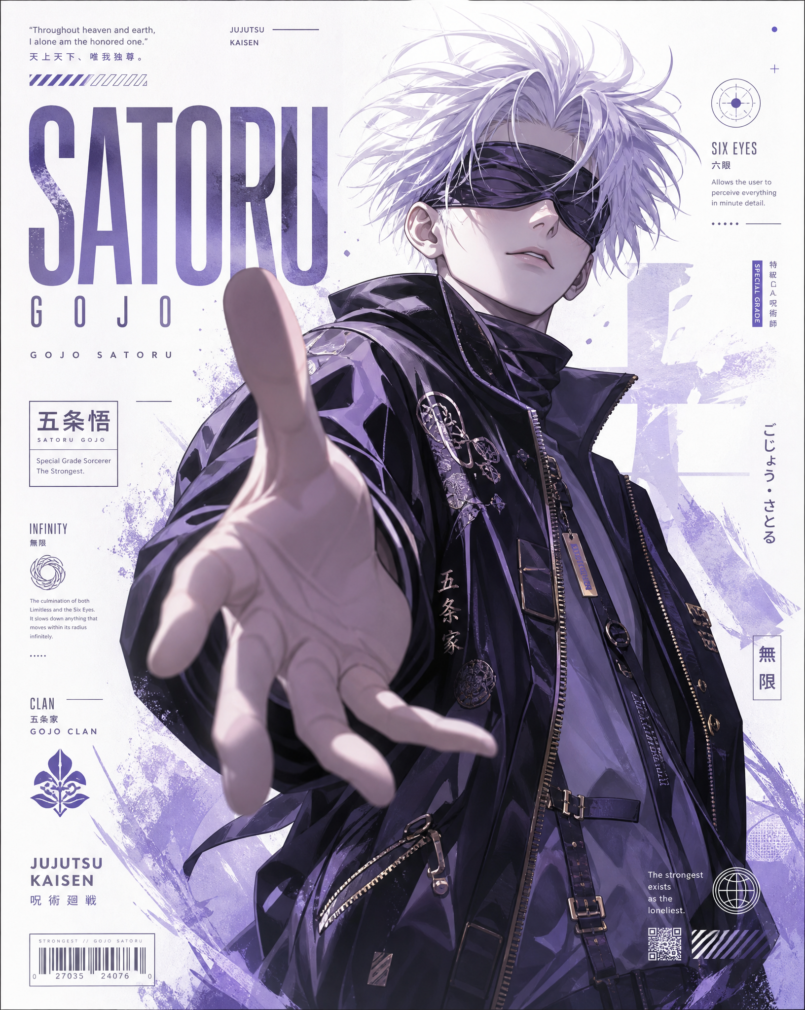 A luxury minimalist anime editorial poster featuring Gojo...