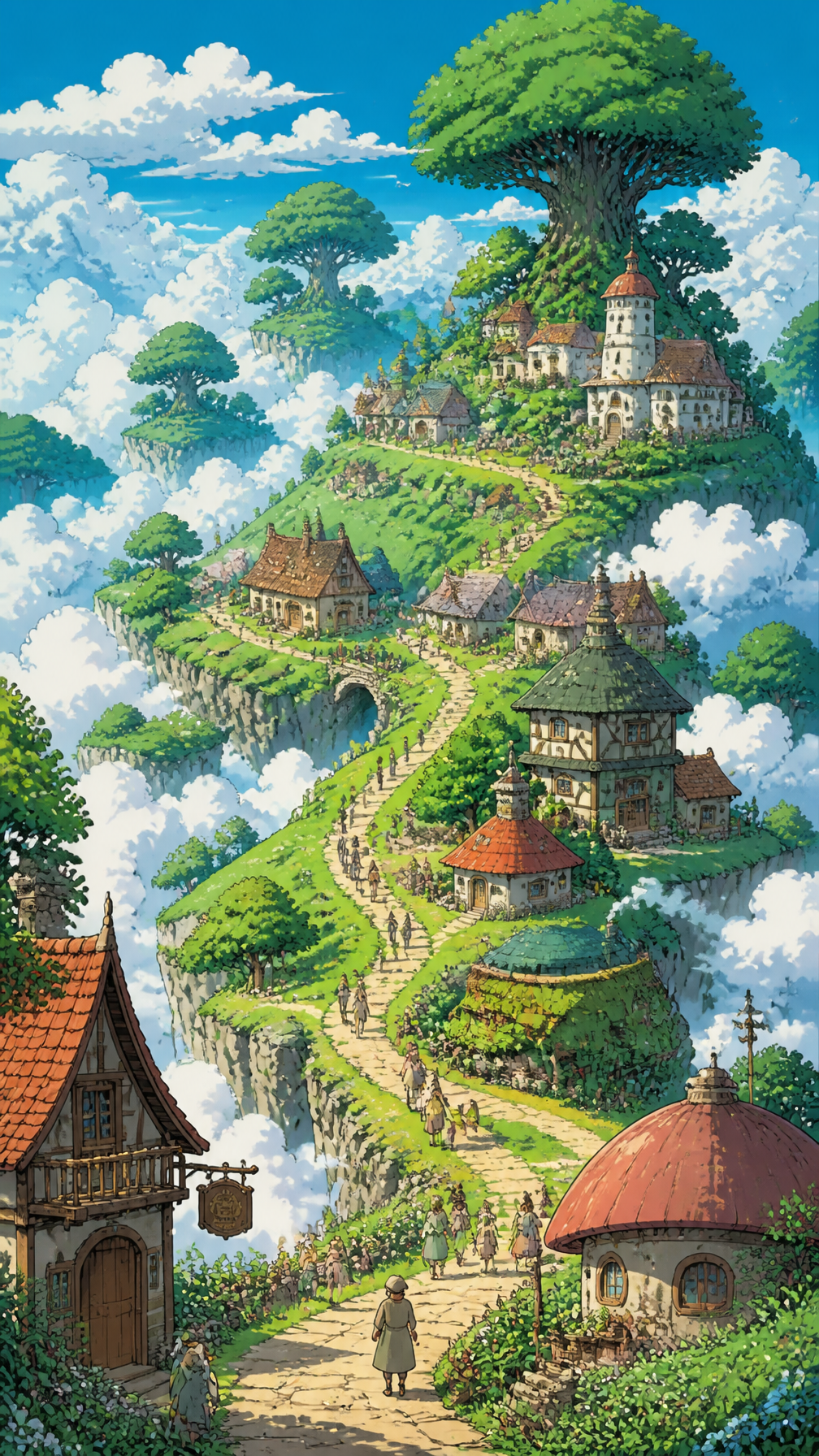 Vertical Hayao Miyazaki Ghibli hand-drawn illustration, r...