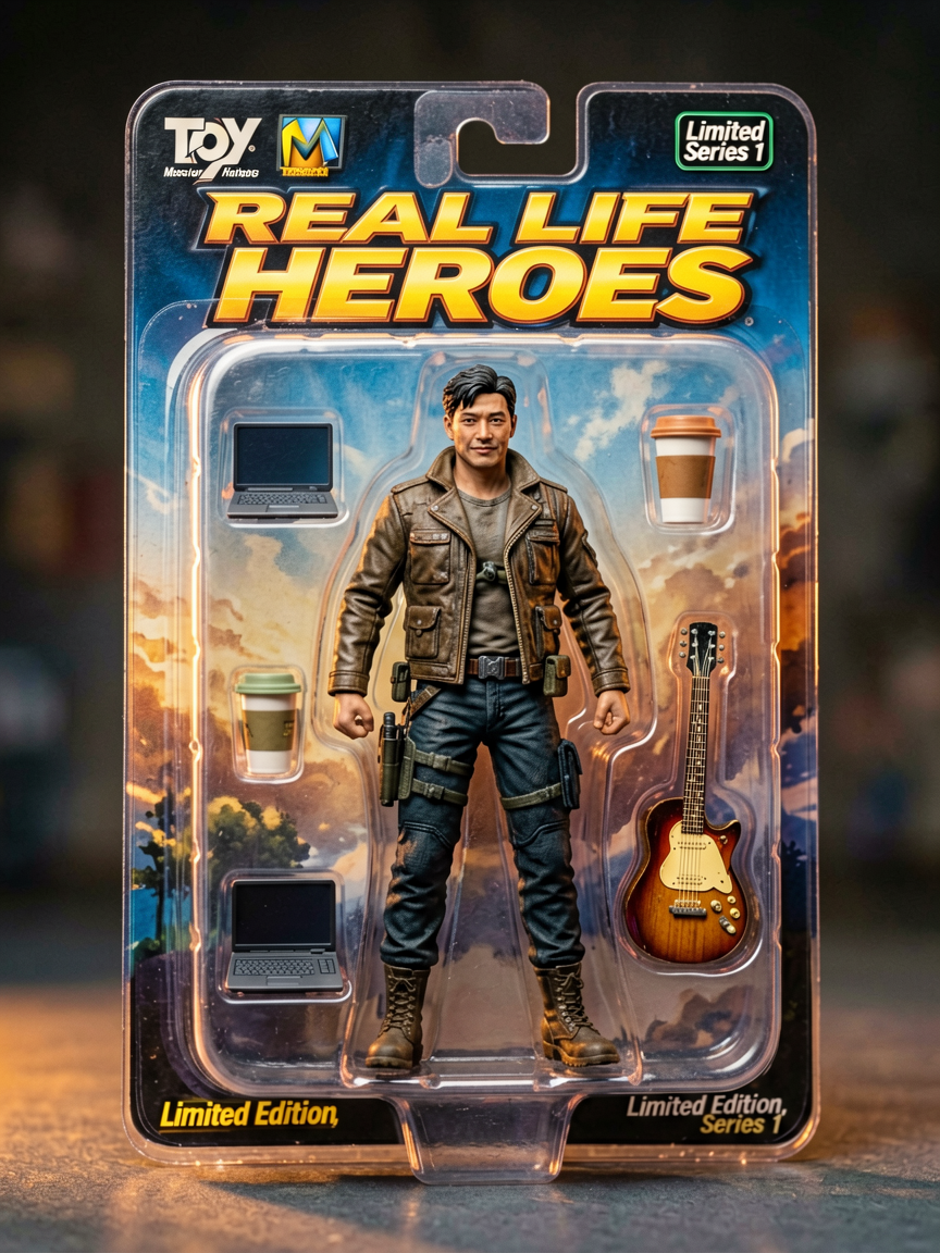 Create a hyperrealistic 3D action figure of the person in...