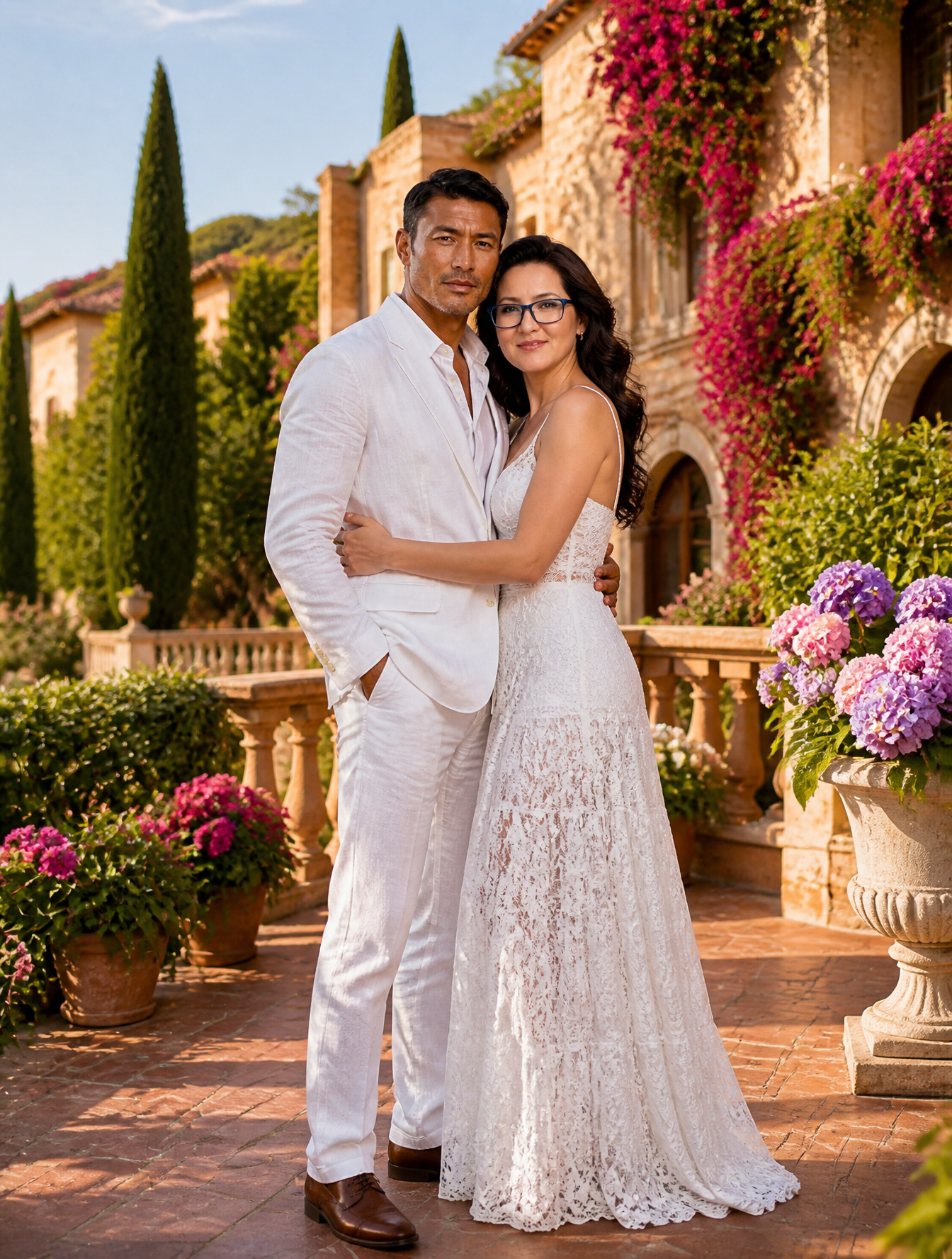 A high-resolution, full-body photograph of a happy couple...