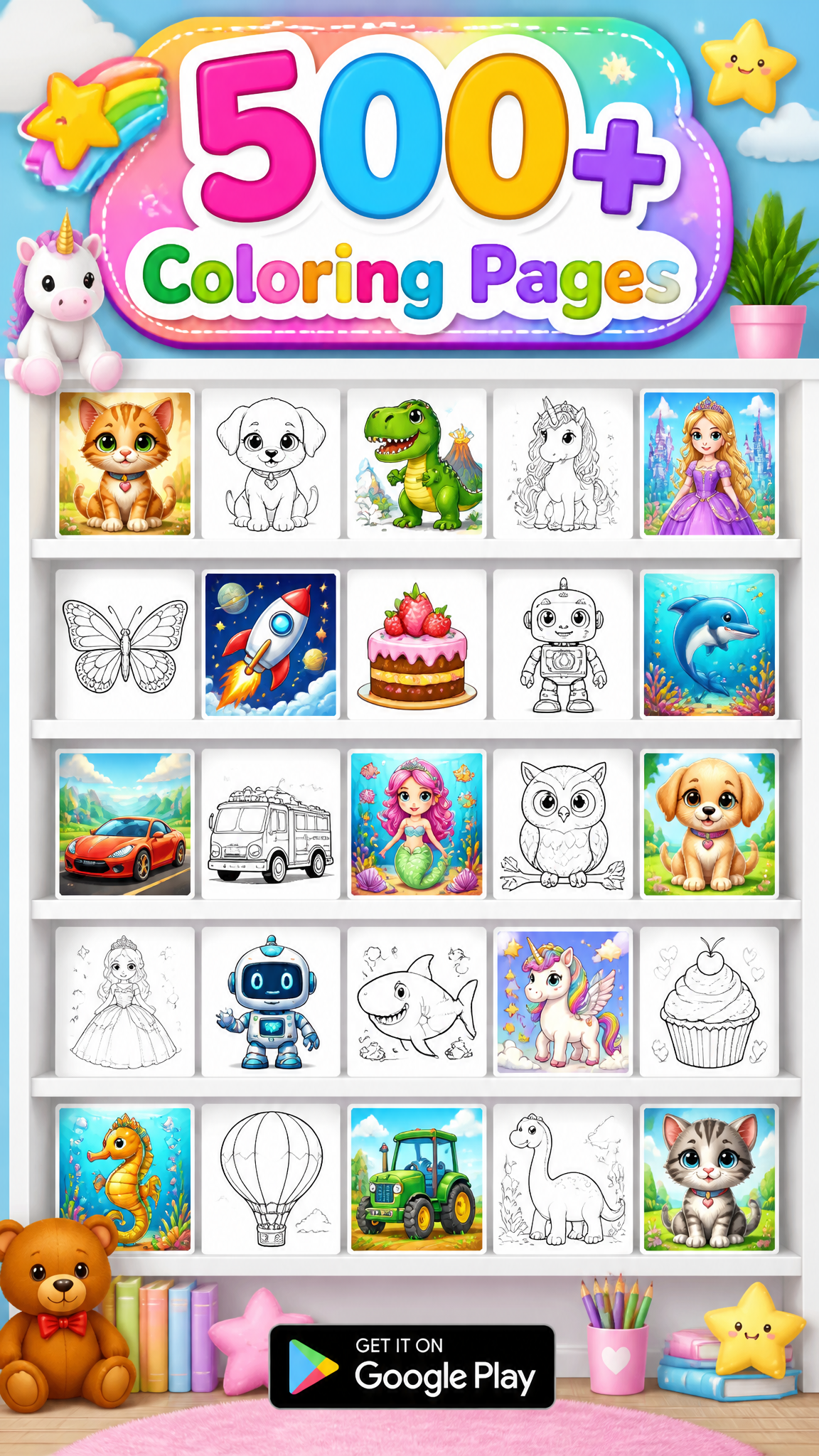 Create a premium 9:16 Google Play screenshot showing a mo...