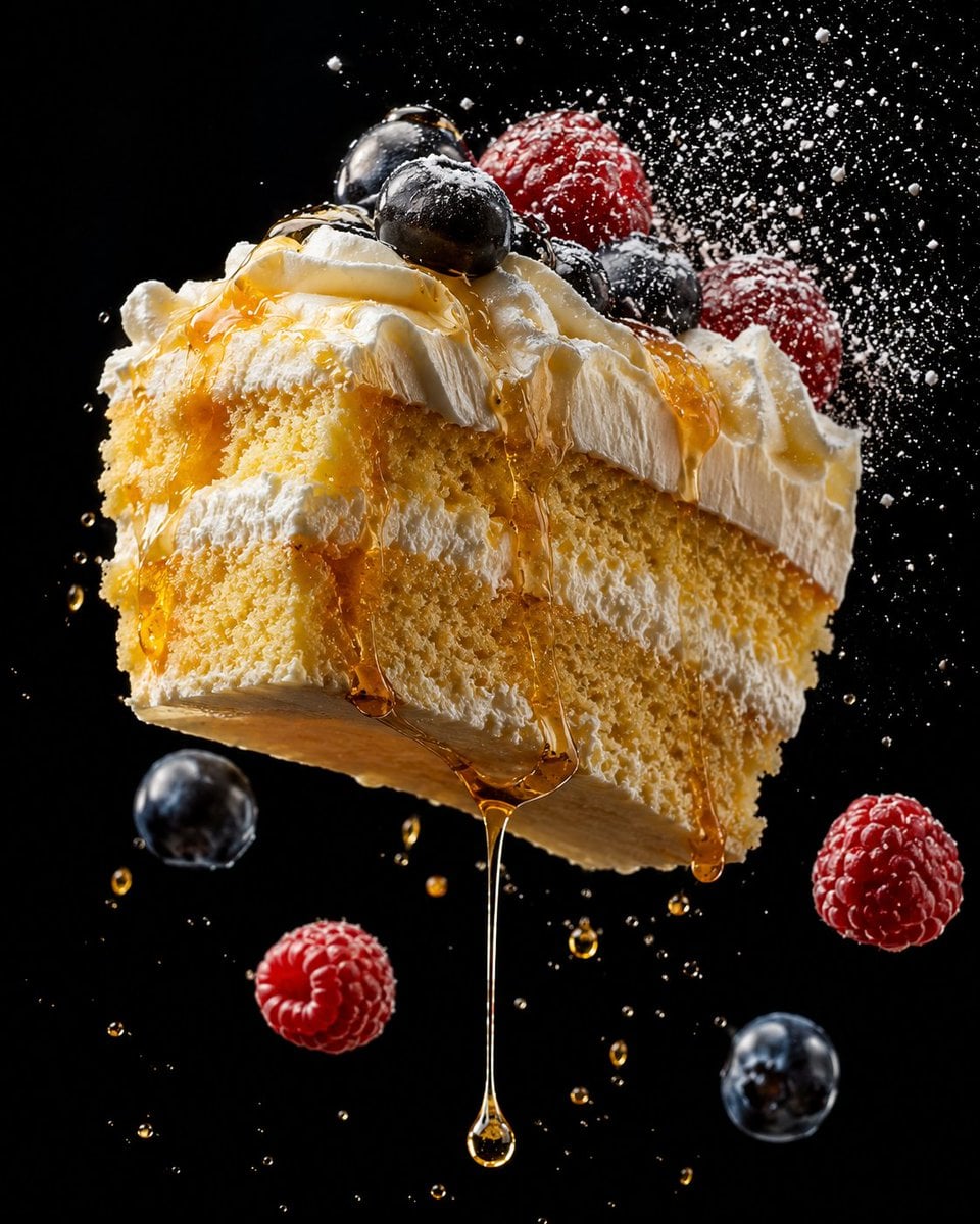 Tight close-up levitation food shot, strawberry shortcake...