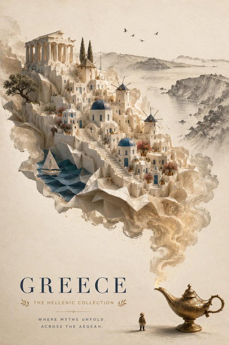 Create an elegant, premium travel poster featuring a magi...