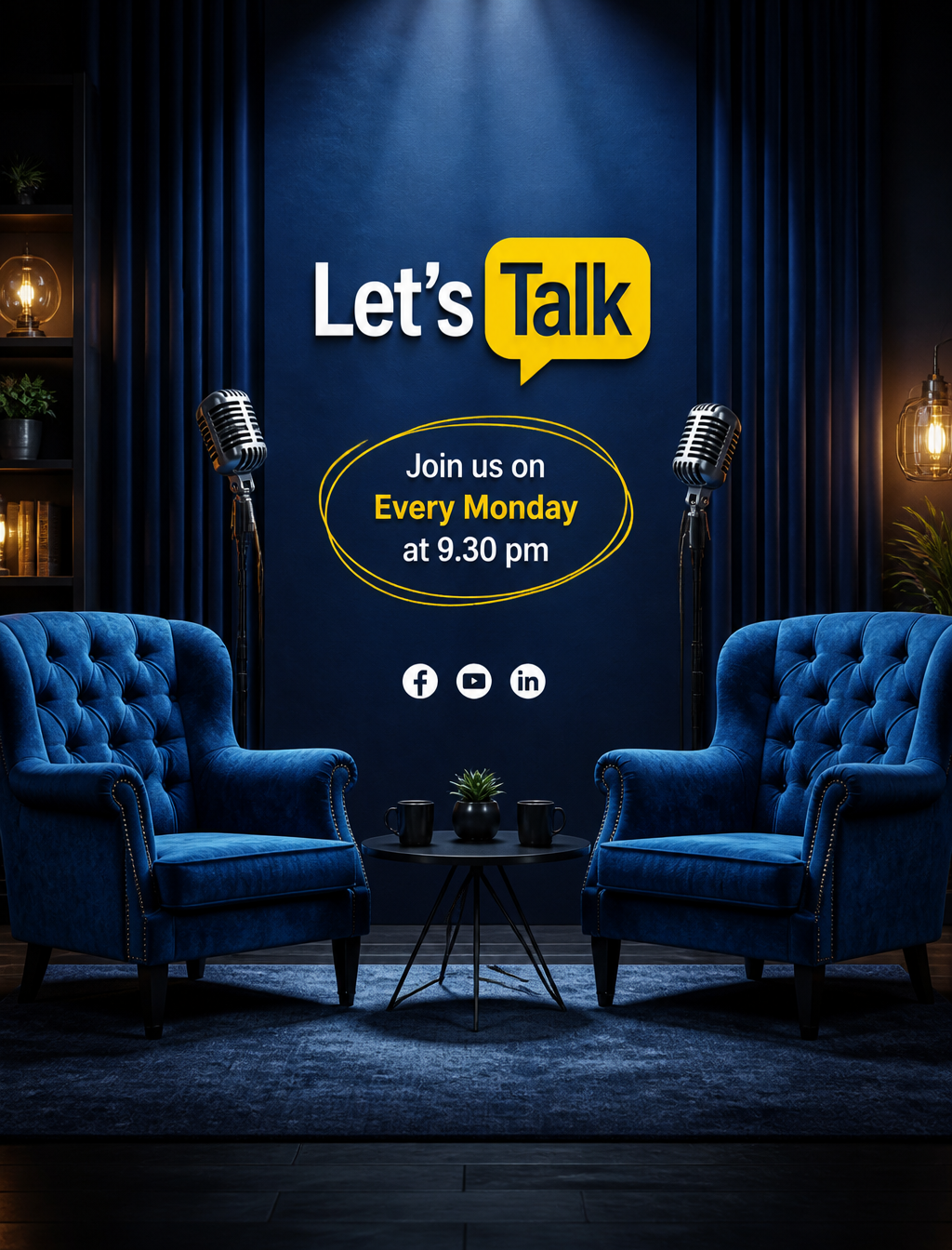 A cinematic studio setup for a talk show, empty interview...