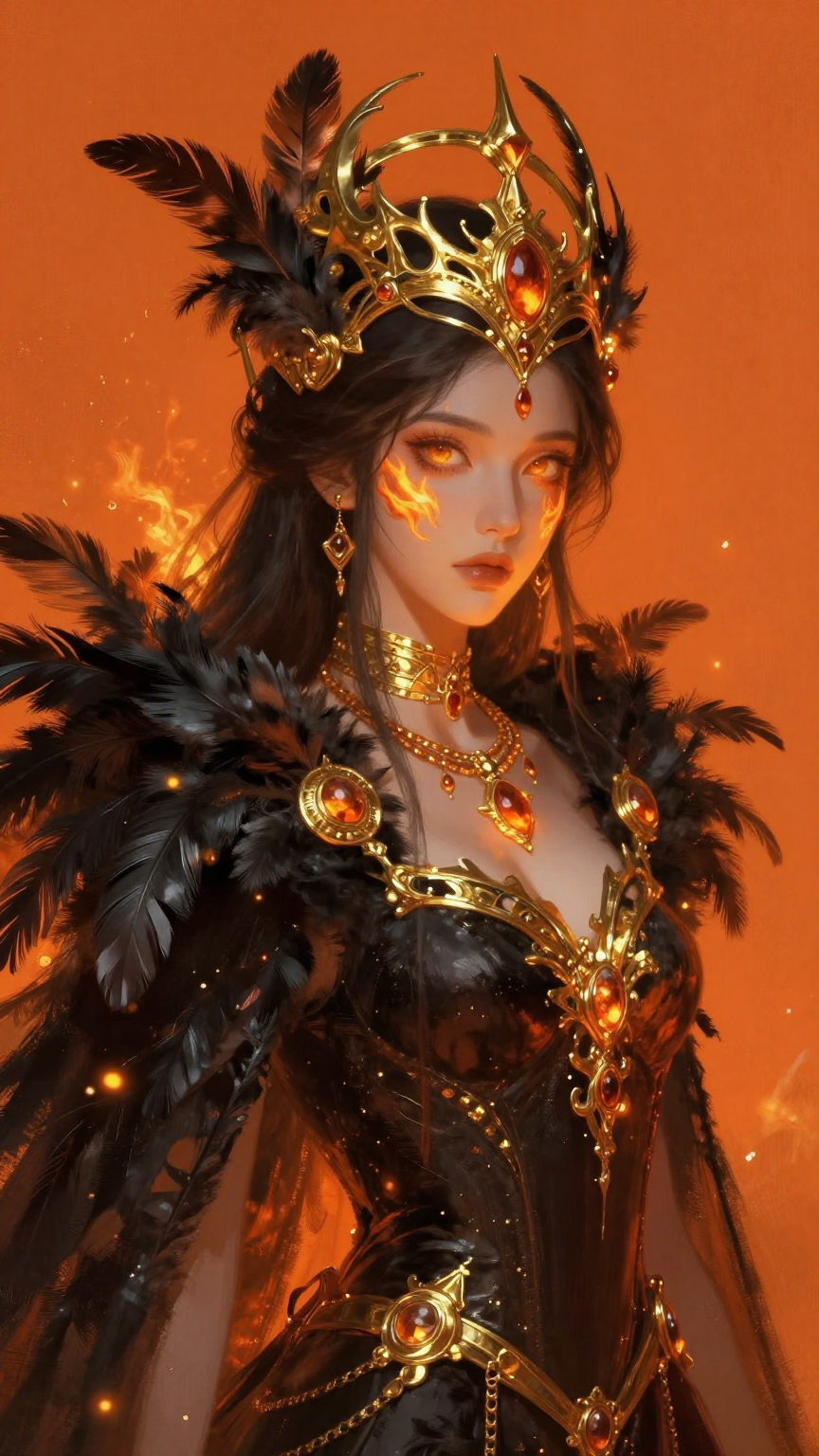 A regal queen with glowing amber eyes and ethereal flame-...