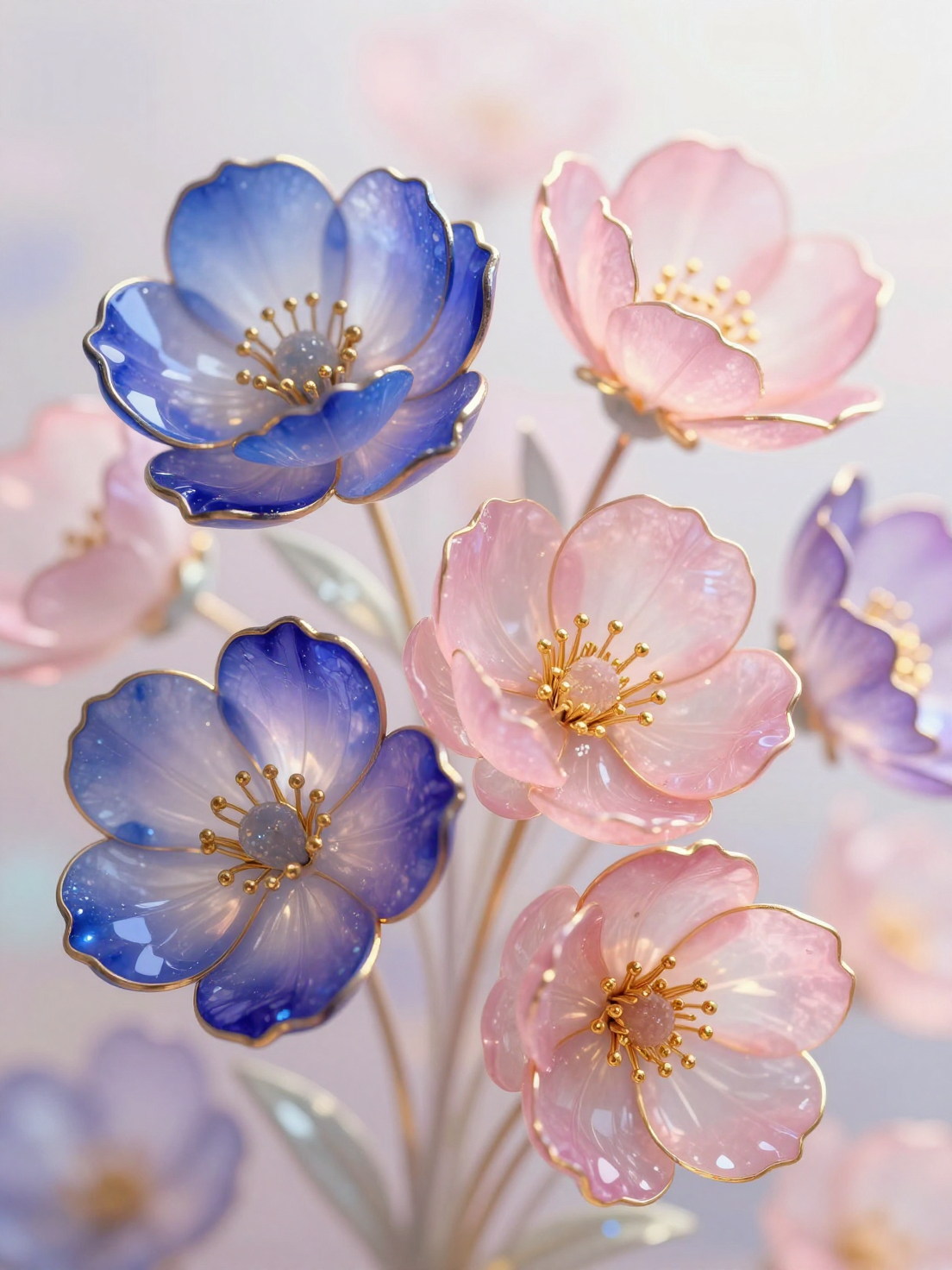 An intricate arrangement of translucent cloisonné-style f...