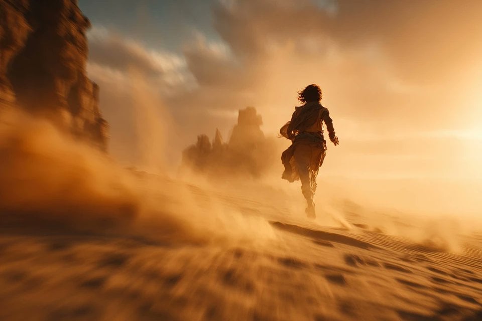 A cinematic tracking shot of a [Subject] sprinting throug...