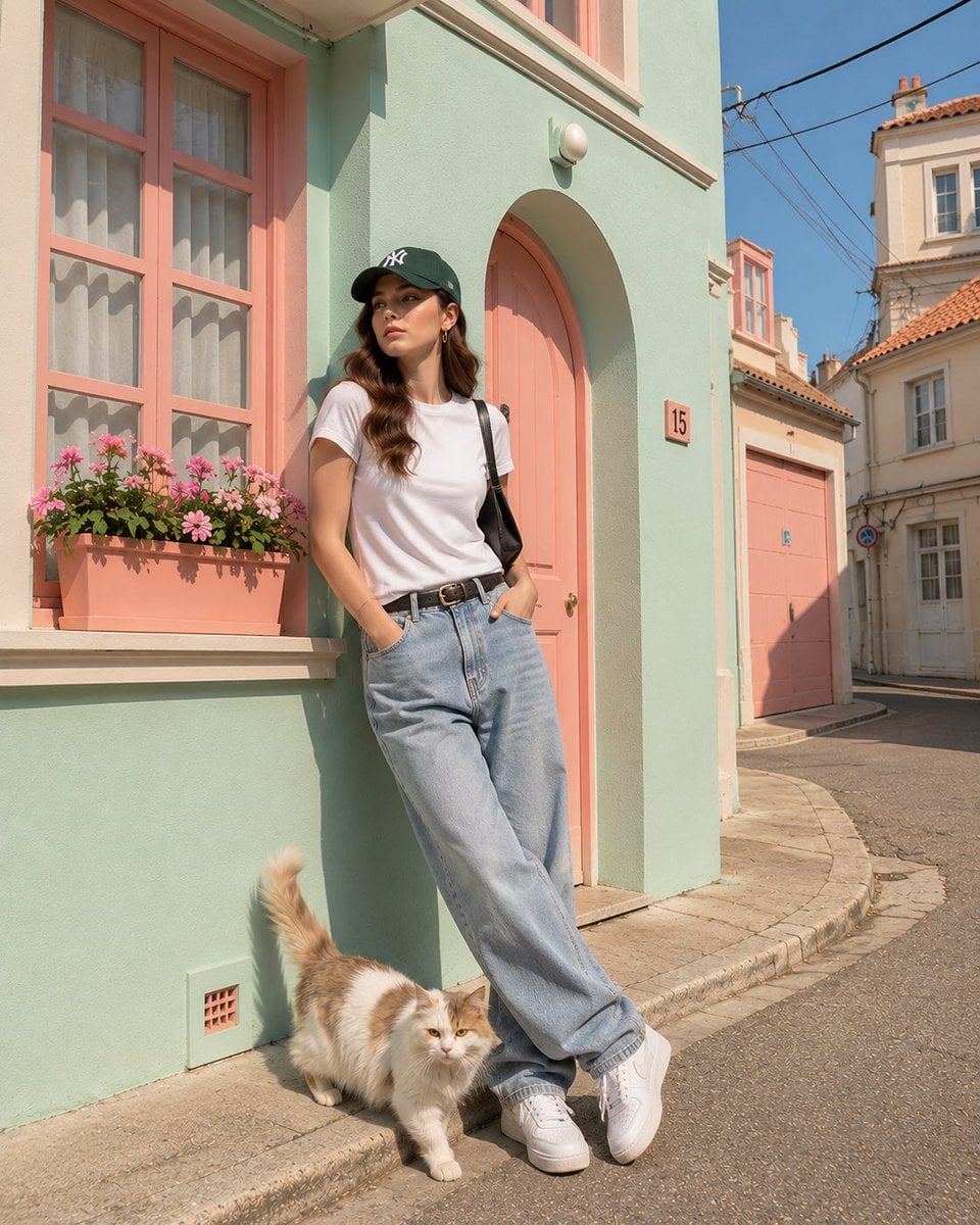 A playful pastel editorial street photograph of [Human] w...