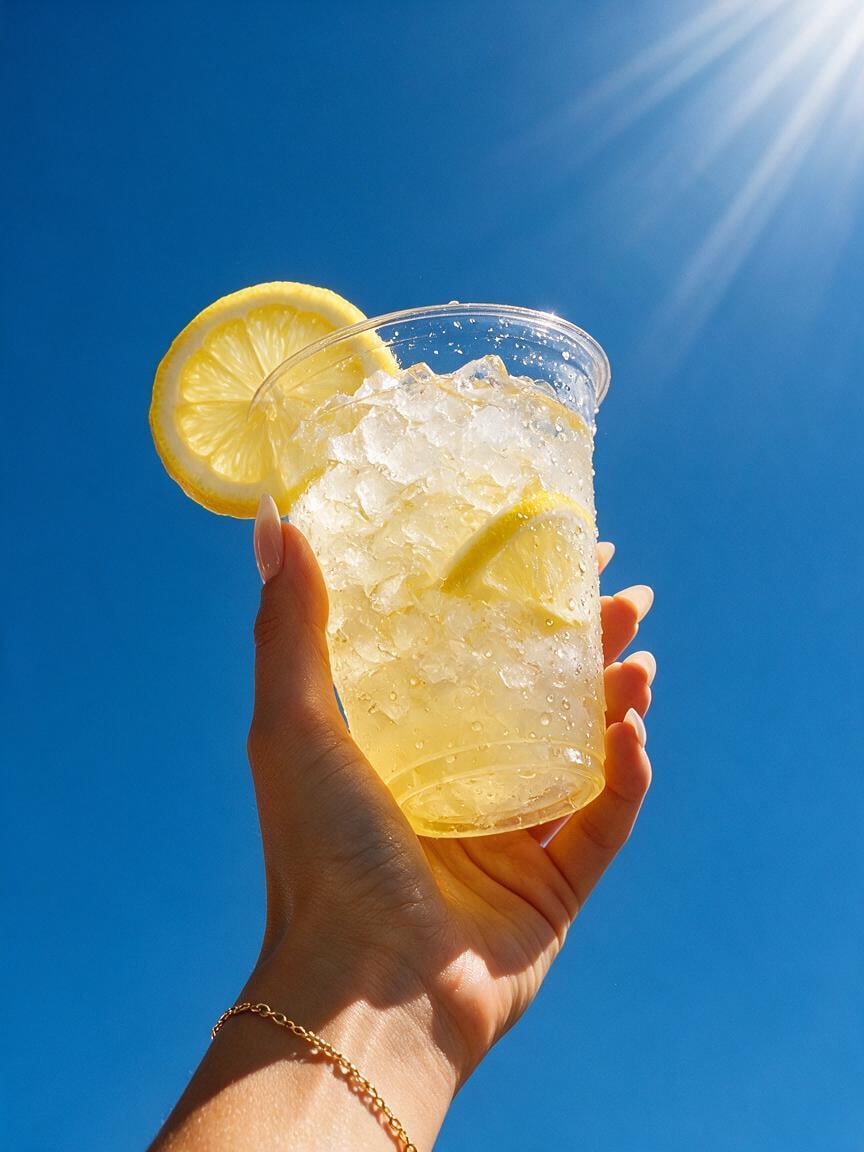The photo shows a bright summer shot taken from bottom to...