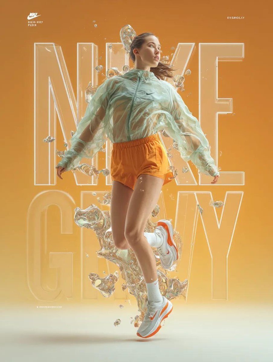A dynamic fashion advertisement for Nike showing a hyper-...