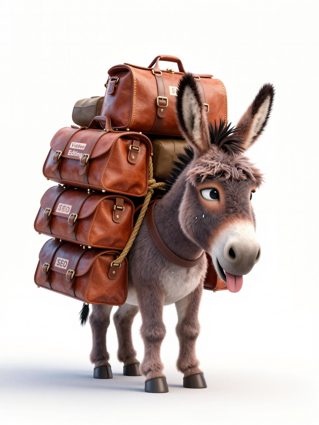 A weary, anthropomorphic donkey with disheveled fur and a...