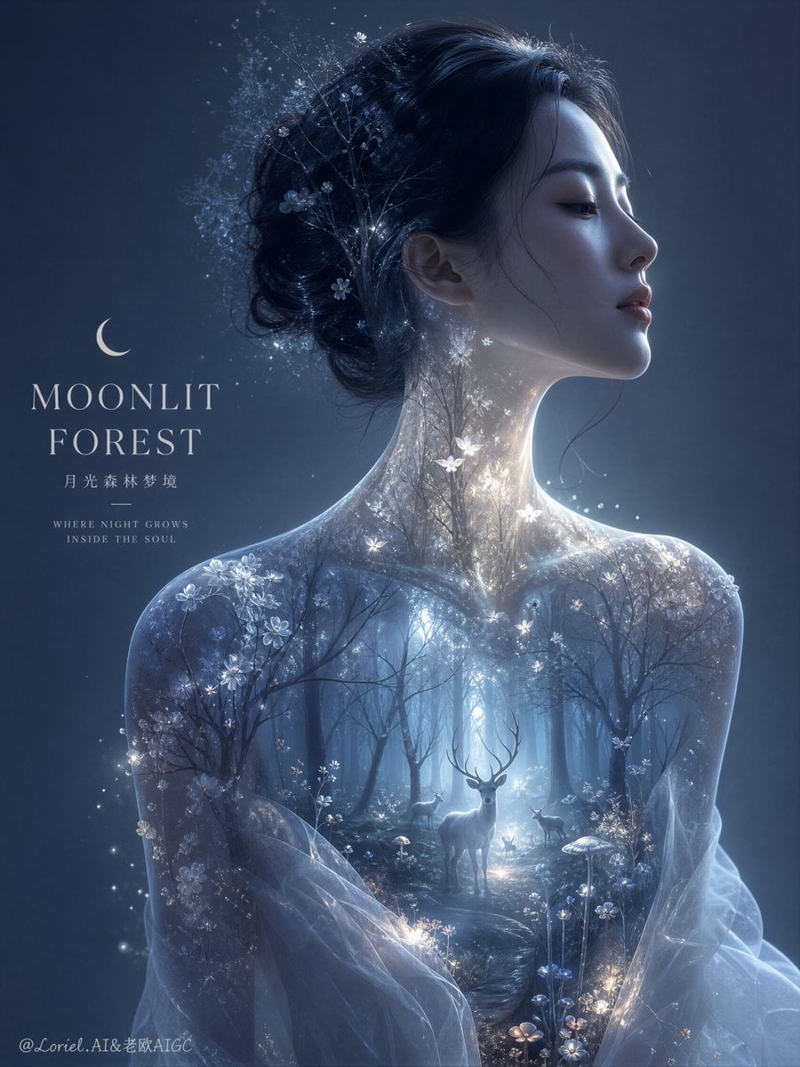 Create an ultra-premium dream-portrait poster in a moonli...
