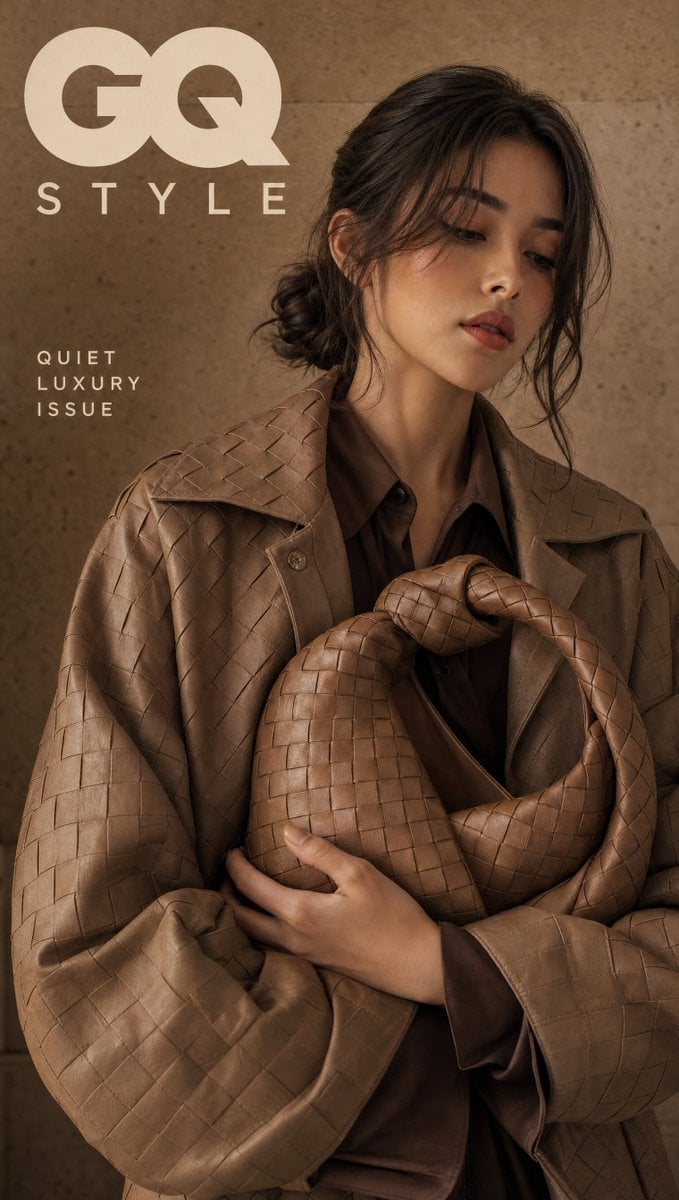 Ultra-realistic quiet luxury brand magazine cover featuri...