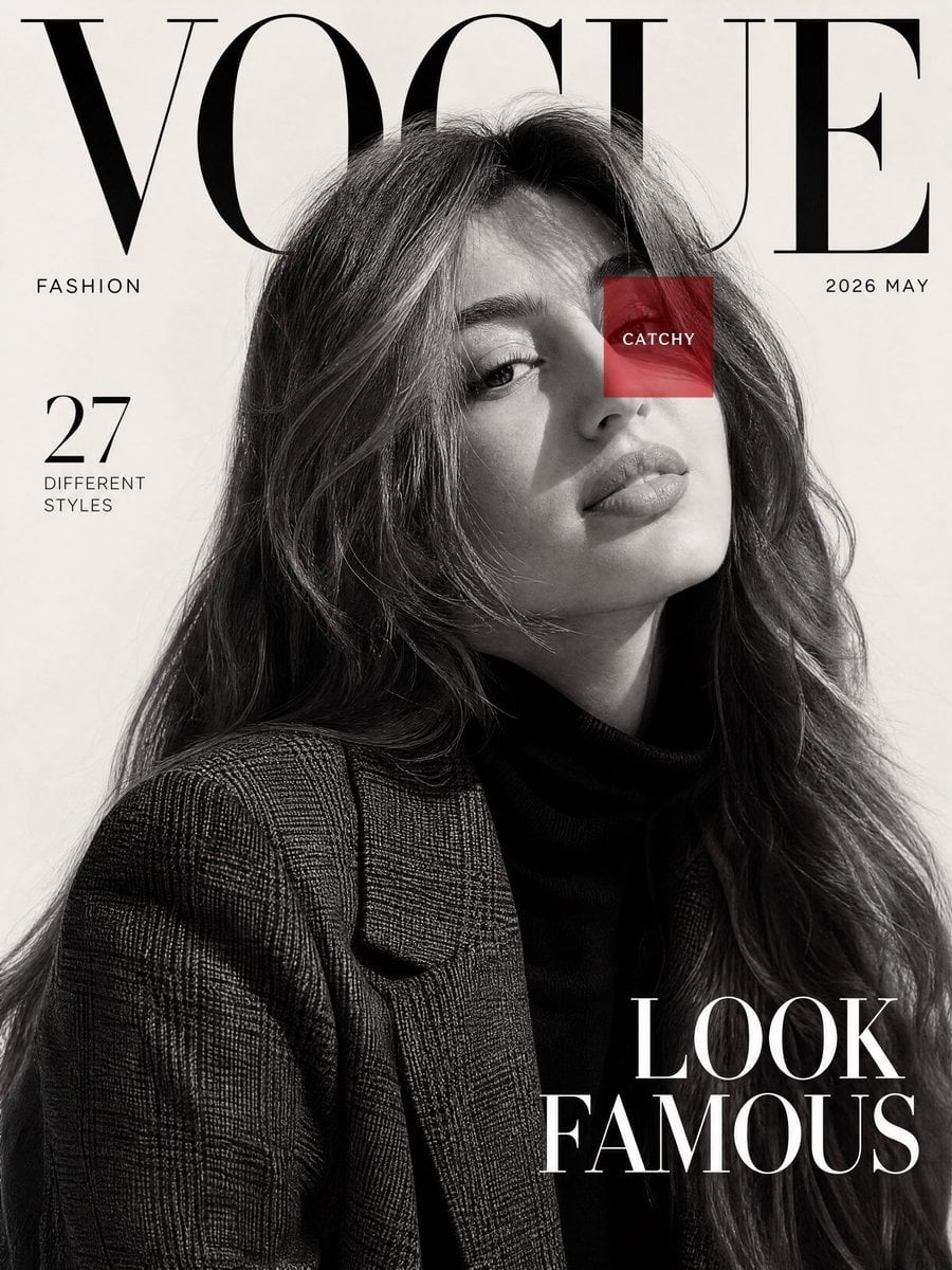 Create a high fashion editorial magazine cover inspired b...