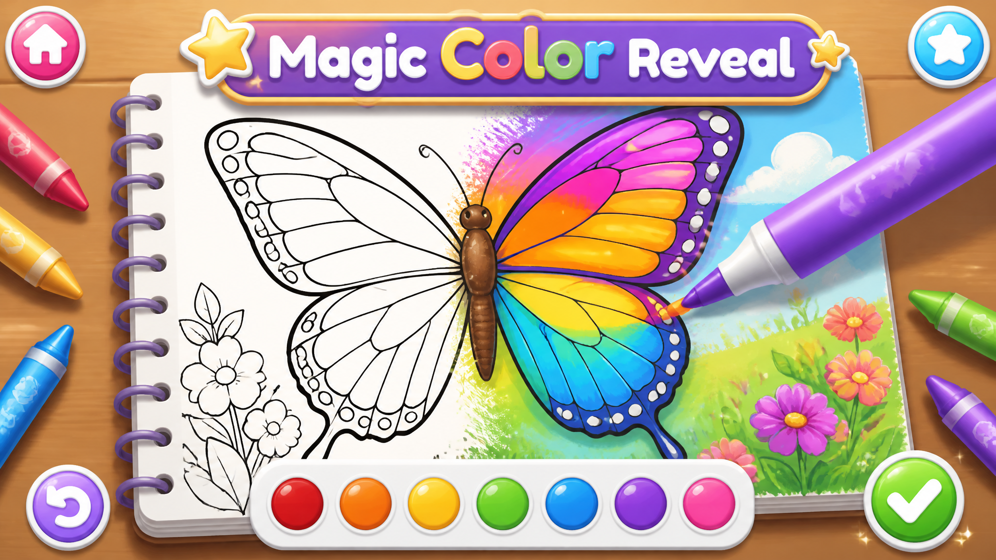 Design a premium children's coloring game screenshot show...