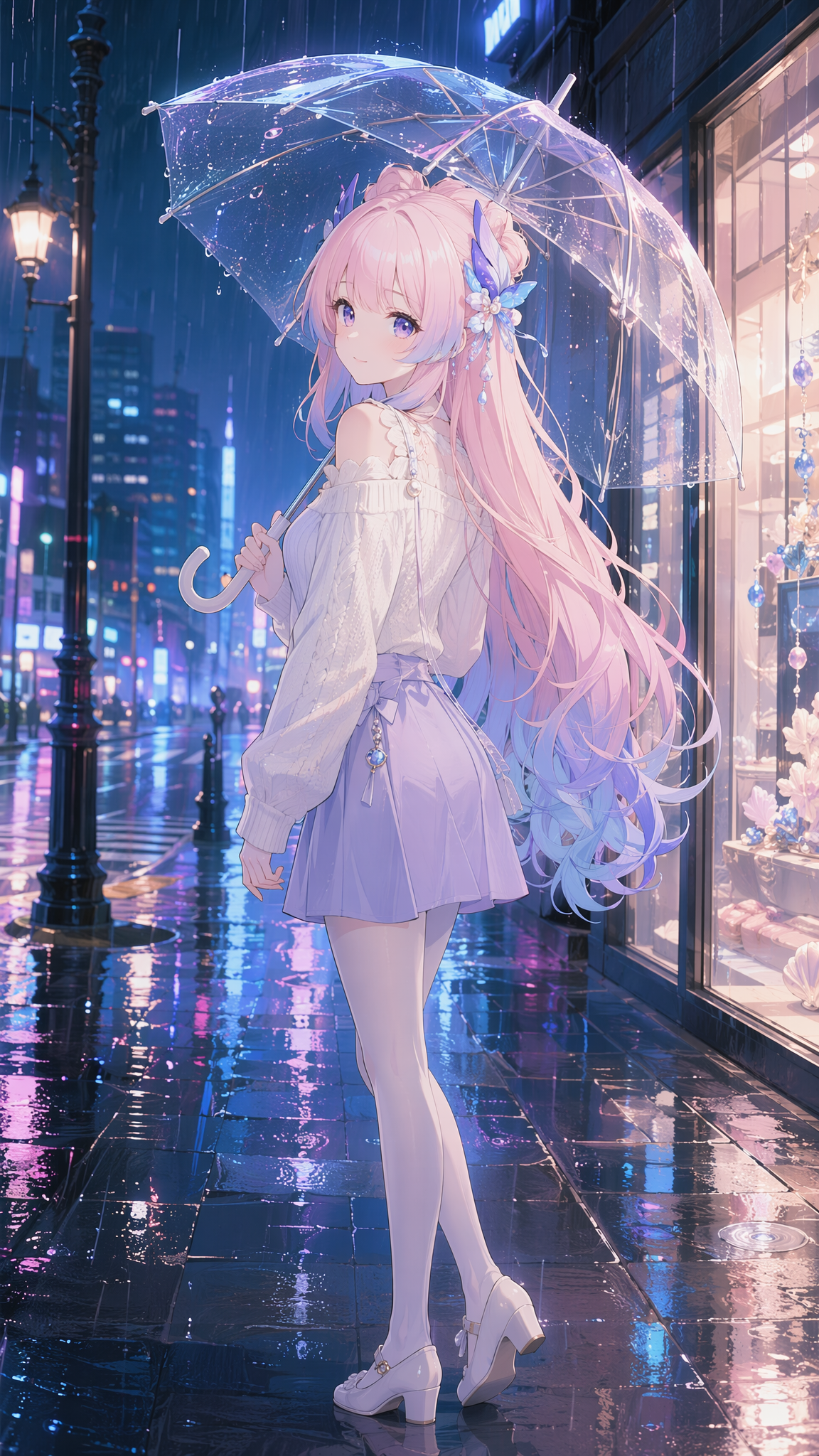 ### 珊瑚宫心海二创|雨夜城市街角用途:手机壁纸 / 锁屏 / 桌面正向提示词:请使用输入参考图作为角色身份参考...