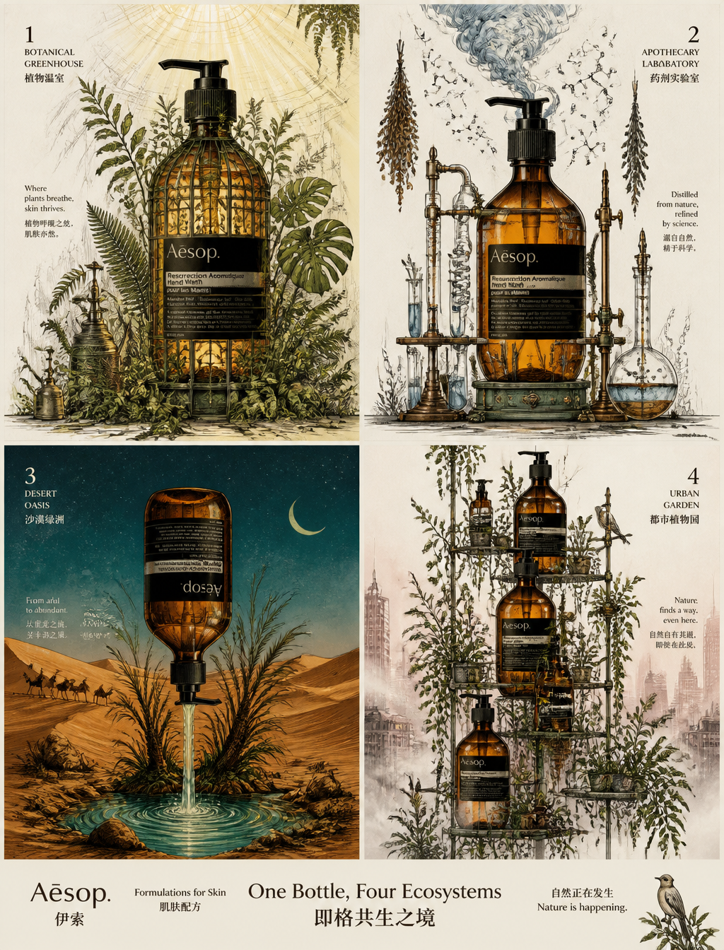 请生成一张高端2×2网格广告海报,为 Aesop 经典琥珀玻璃洗手液创作。【版式】2×2等分四格,方形面板,均匀对...