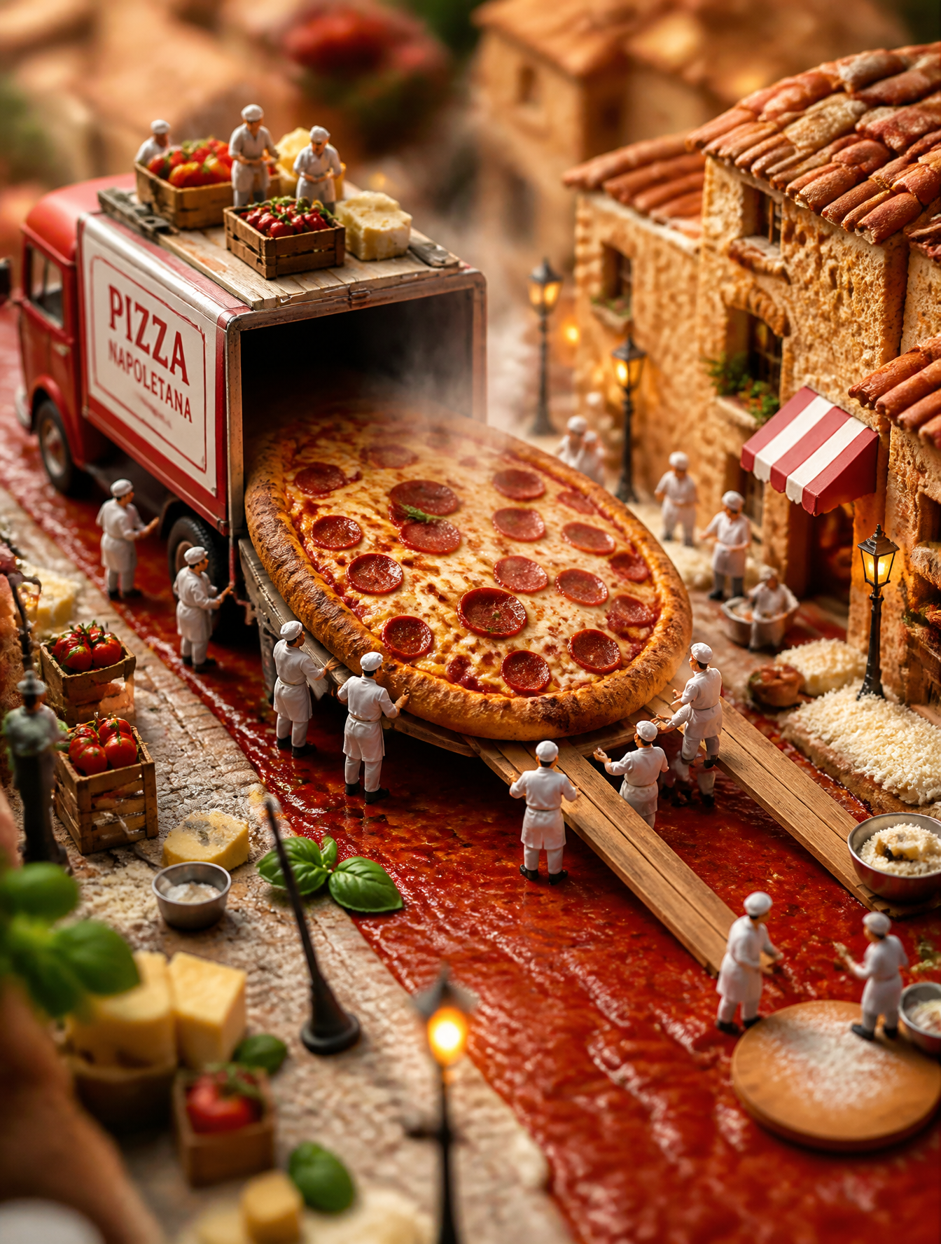 Create an ultra-realistic miniature diorama of a tiny piz...