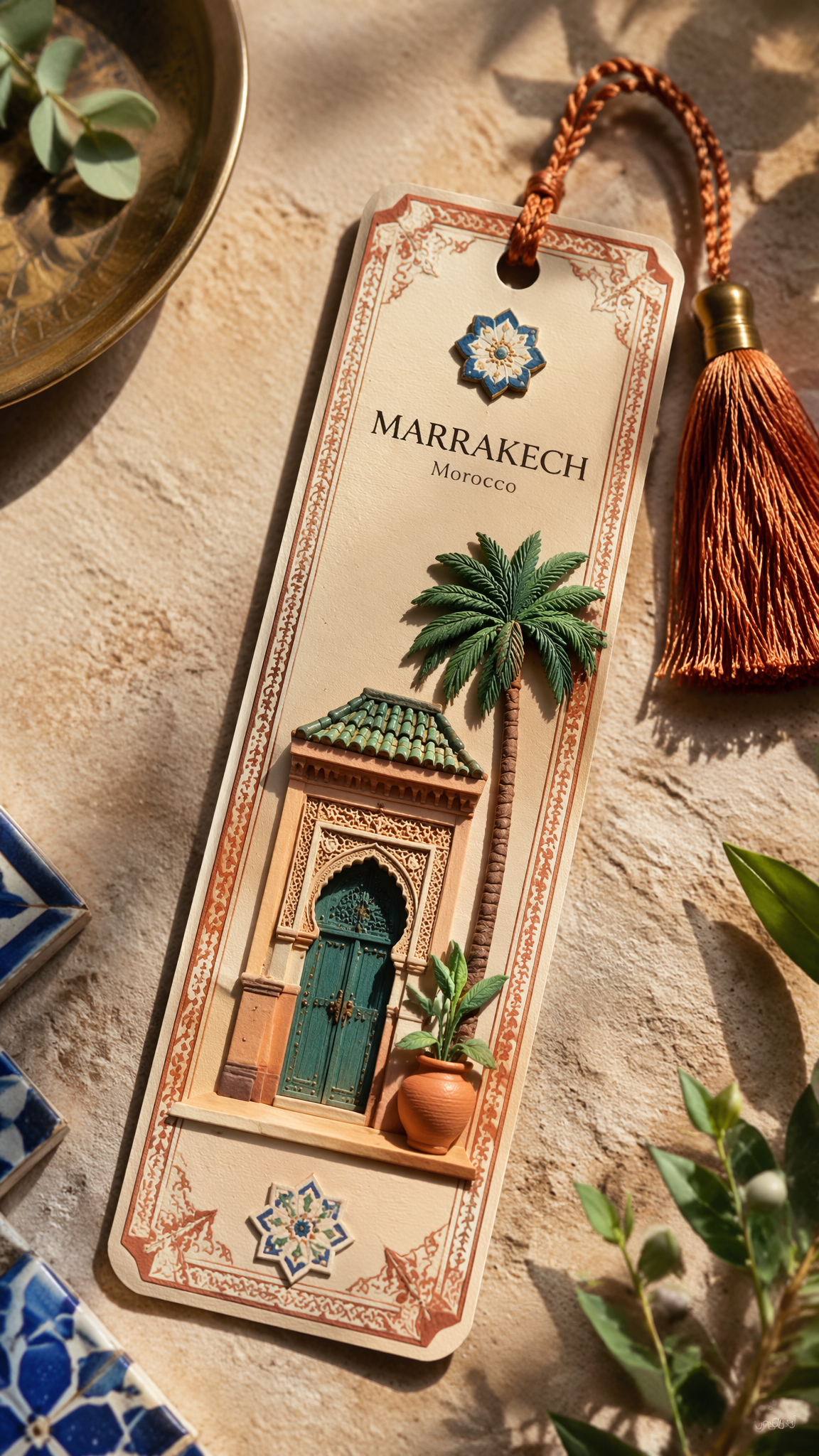 Decorate the bookmark subtly using motifs inspired by Mar...