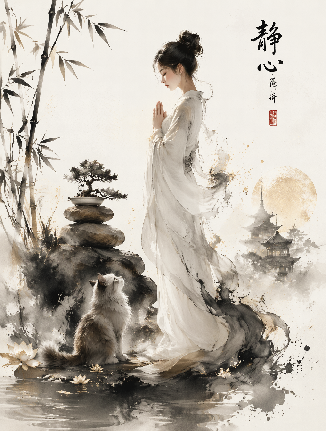 这幅杰作是一幅超精细的禅意水墨画,采用极简主义的白色背景,营造出宁静的冥想氛围,充满东洋风格的优雅气质。黑色的墨迹...