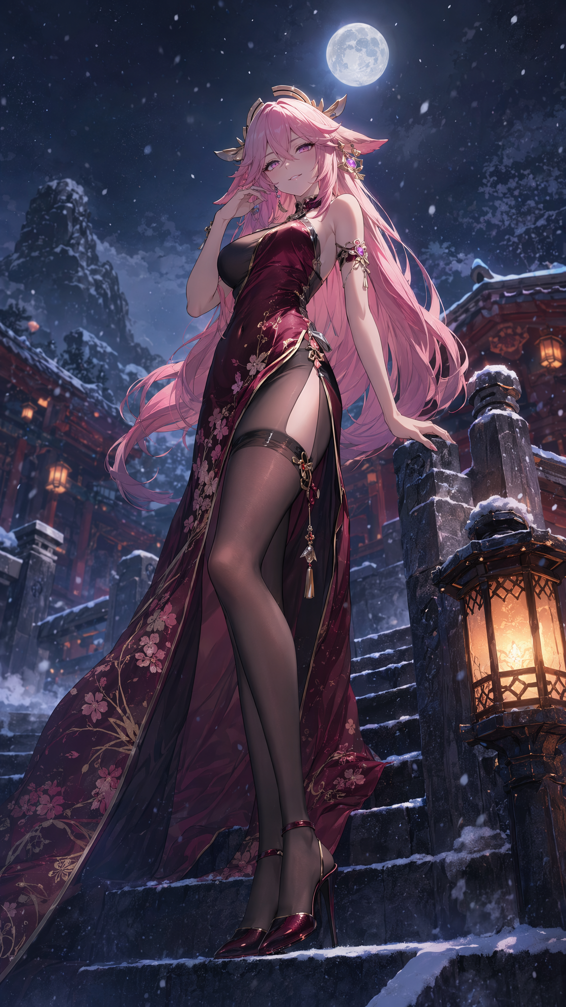 ### 八重神子|雪夜石阶高开衩礼服用途:手机壁纸 / image2 参考图工作流正向提示词:请使用输入参考图作为...