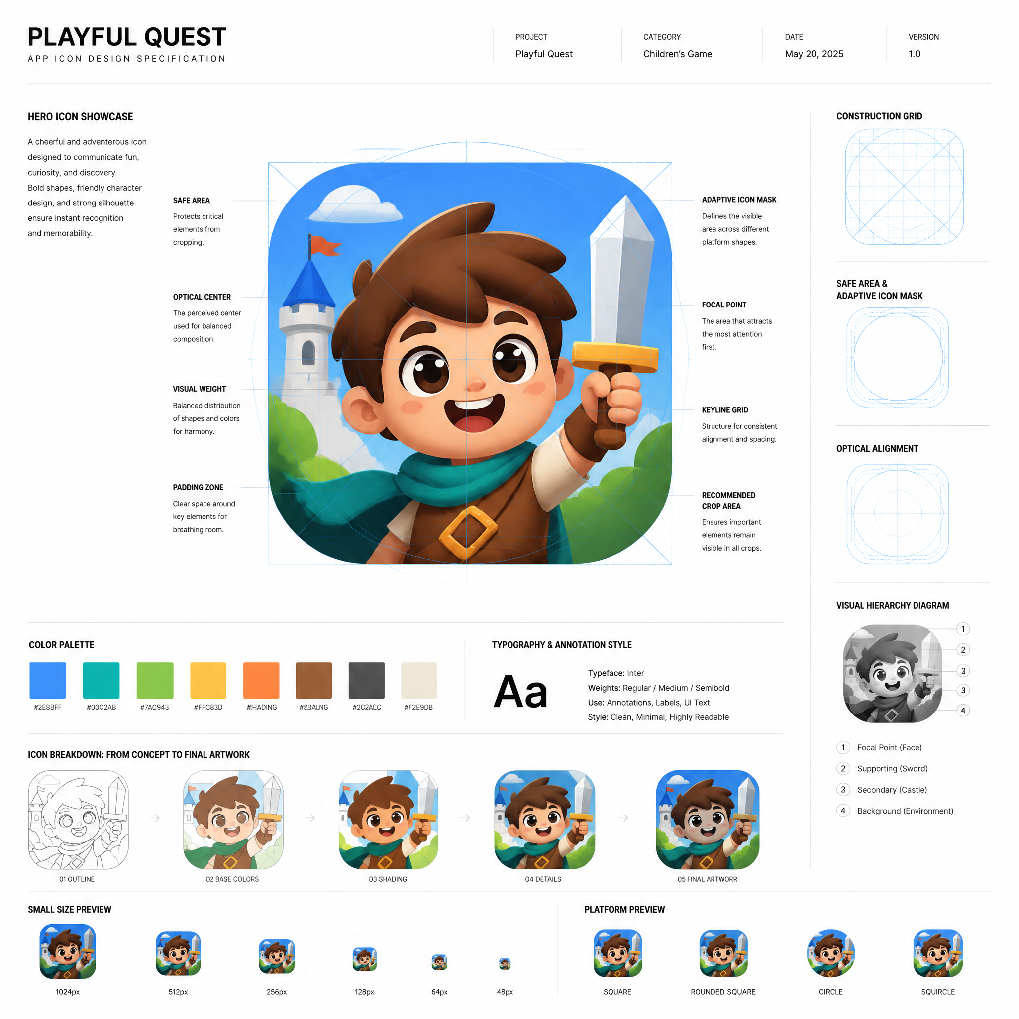 Design a premium app icon presentation board for a childr...